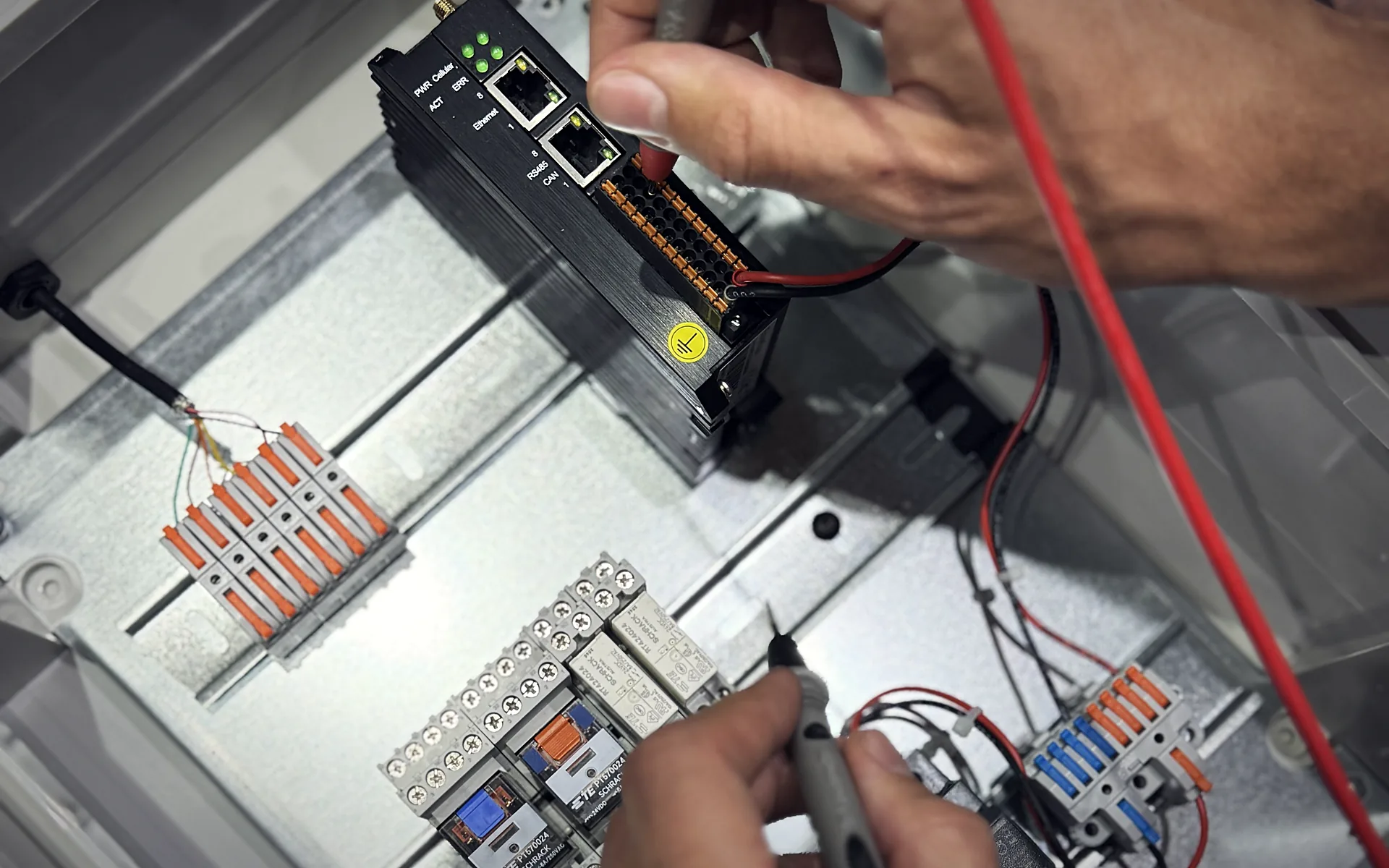 HACCP monitoring control cabinet with gateway and wiring mounted on DIN rail